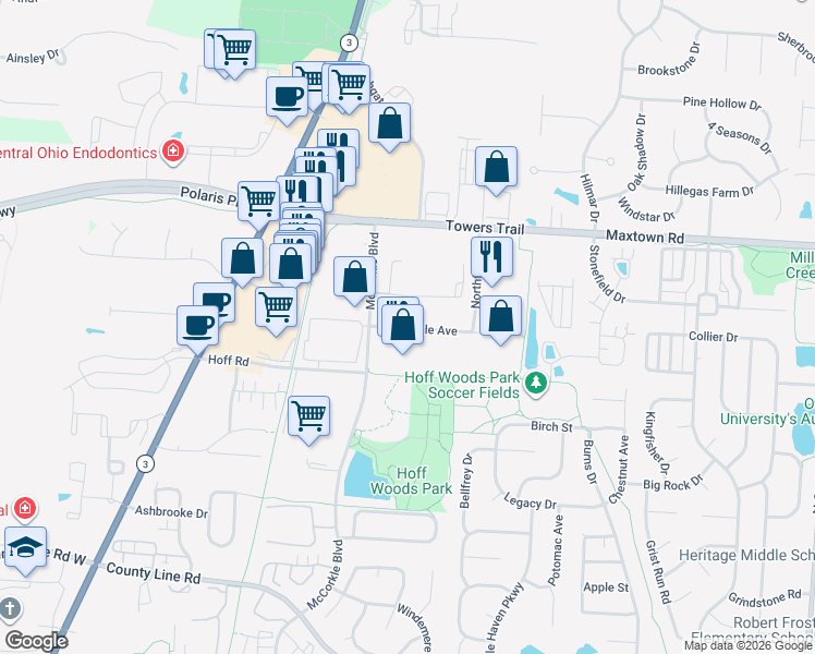 map of restaurants, bars, coffee shops, grocery stores, and more near 416-474 Westdale Avenue in Westerville