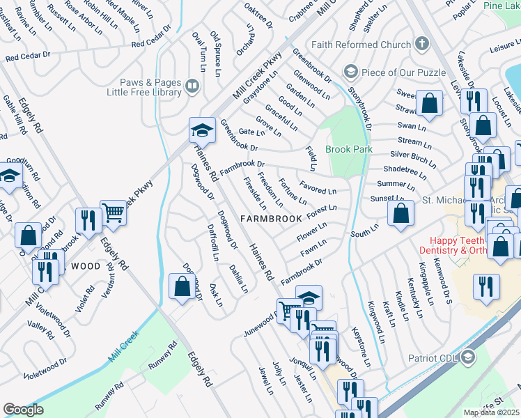 map of restaurants, bars, coffee shops, grocery stores, and more near 25 Fireside Lane in Levittown