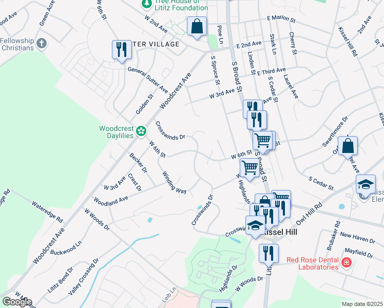 map of restaurants, bars, coffee shops, grocery stores, and more near 493 Crosswinds Drive in Lititz