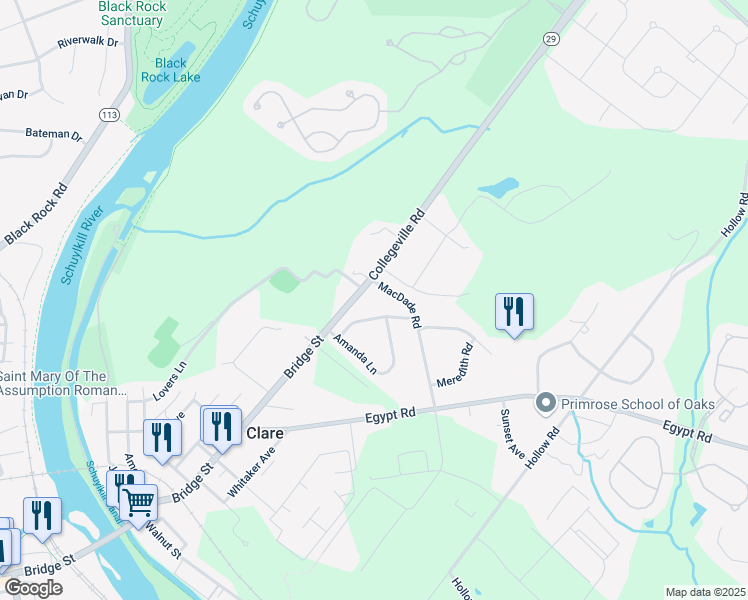 map of restaurants, bars, coffee shops, grocery stores, and more near 111 Scarlet Oak Drive in Phoenixville