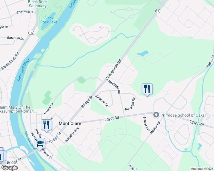 map of restaurants, bars, coffee shops, grocery stores, and more near 111 Scarlet Oak Drive in Phoenixville