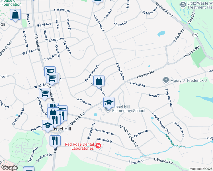 map of restaurants, bars, coffee shops, grocery stores, and more near 208 Aspen Lane in Lititz
