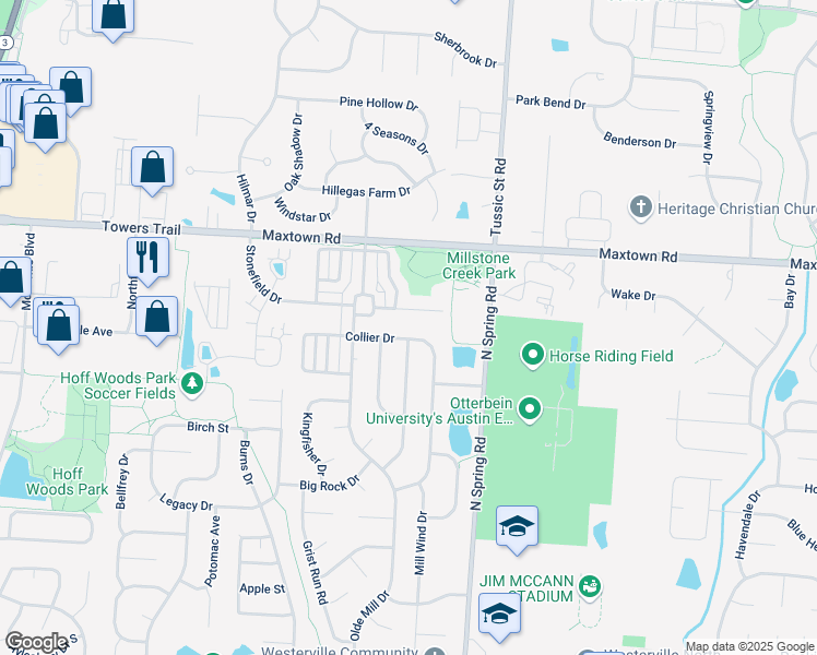 map of restaurants, bars, coffee shops, grocery stores, and more near 756 Collier Drive in Westerville
