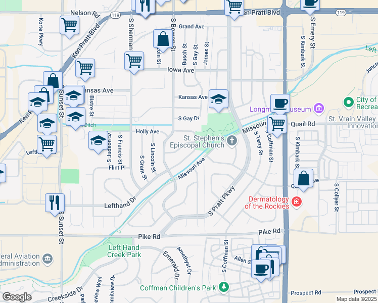 map of restaurants, bars, coffee shops, grocery stores, and more near 1130 Lefthand Drive in Longmont
