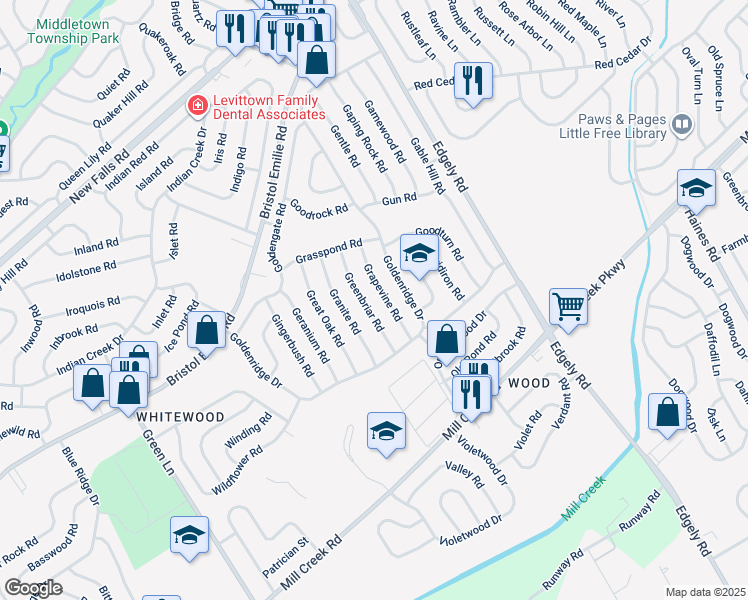 map of restaurants, bars, coffee shops, grocery stores, and more near 50 Greenbriar Road in Levittown