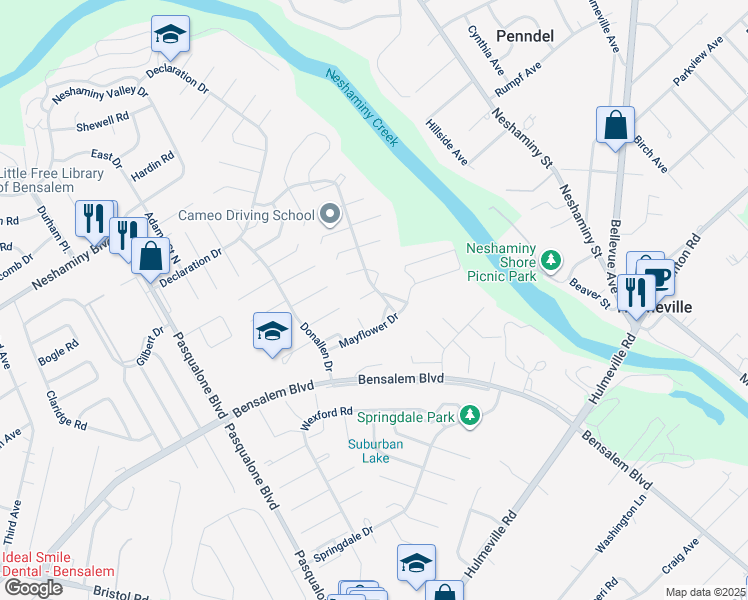 map of restaurants, bars, coffee shops, grocery stores, and more near 6404 Trenton Court in Bucks County