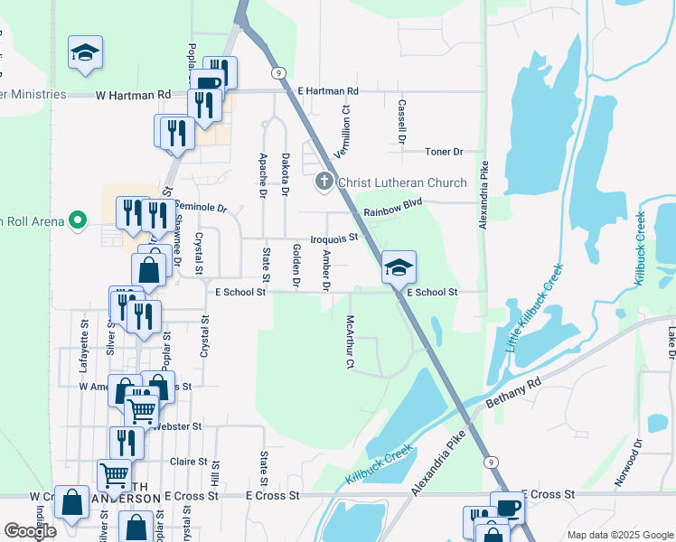 map of restaurants, bars, coffee shops, grocery stores, and more near 726 East School Street in Anderson