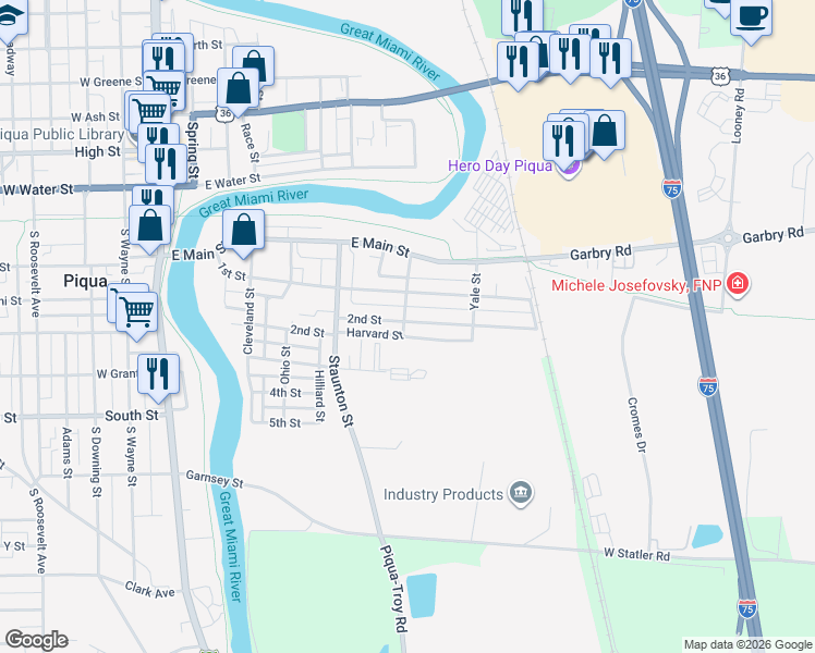map of restaurants, bars, coffee shops, grocery stores, and more near 501 2nd Street in Piqua