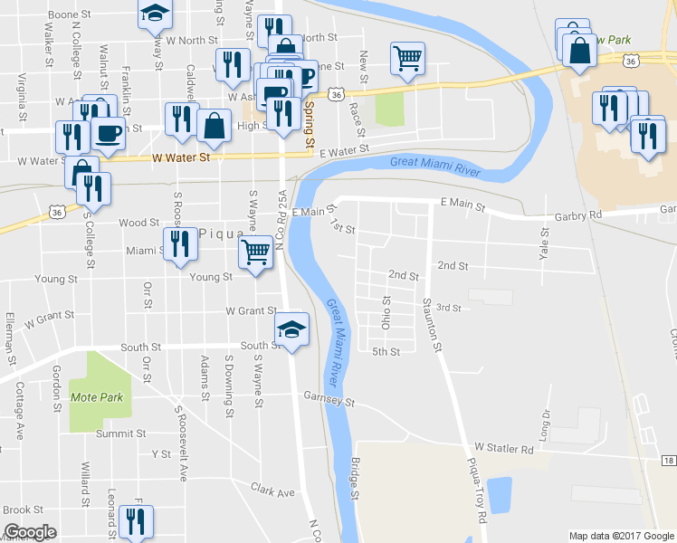 map of restaurants, bars, coffee shops, grocery stores, and more near 103 2nd Street in Piqua