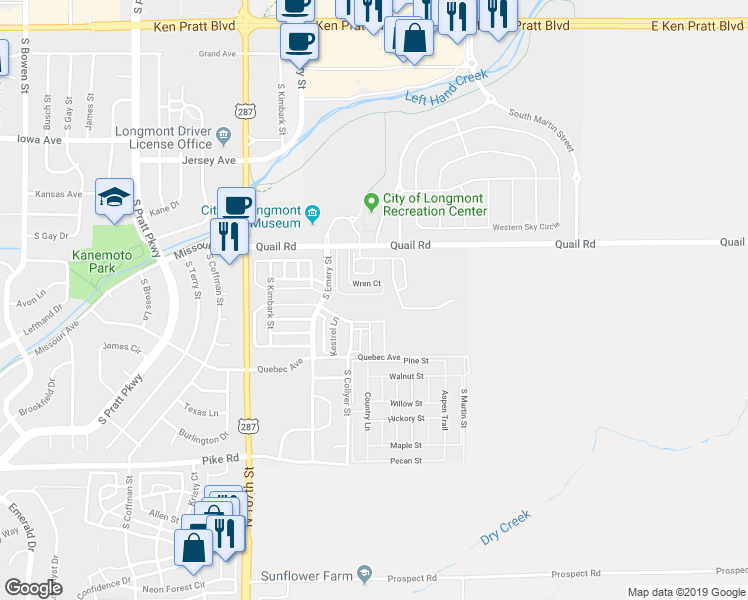 map of restaurants, bars, coffee shops, grocery stores, and more near 311 South Parkside Drive in Longmont