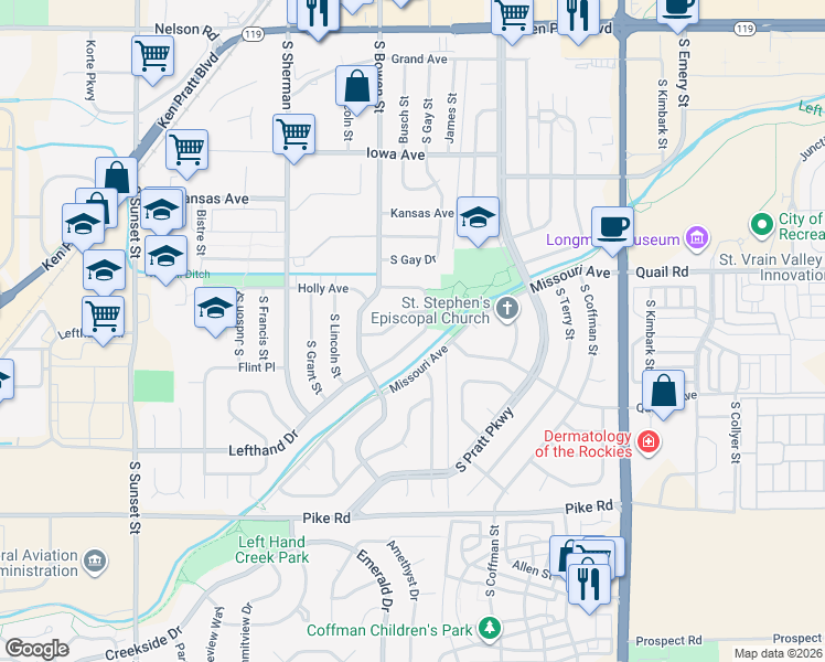 map of restaurants, bars, coffee shops, grocery stores, and more near 1130 Lefthand Drive in Longmont