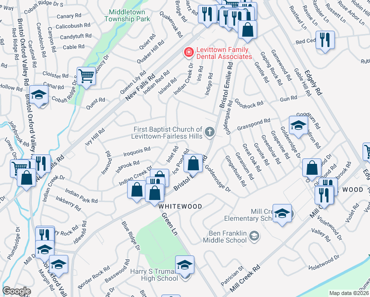 map of restaurants, bars, coffee shops, grocery stores, and more near in Levittown