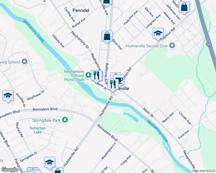 map of restaurants, bars, coffee shops, grocery stores, and more near 1 Beaver Street in Hulmeville