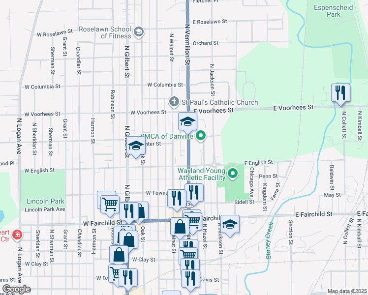 map of restaurants, bars, coffee shops, grocery stores, and more near 1105-1111 North Vermilion Street in Danville
