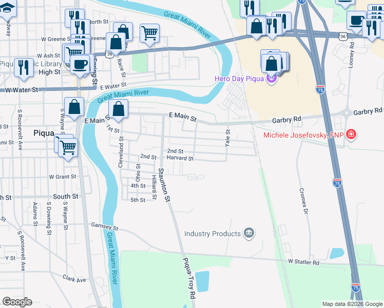 map of restaurants, bars, coffee shops, grocery stores, and more near 501 2nd Street in Piqua