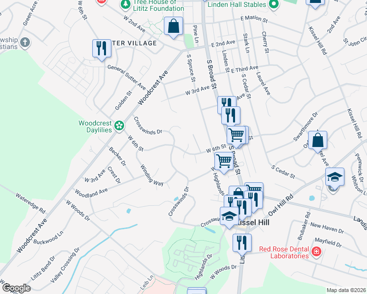 map of restaurants, bars, coffee shops, grocery stores, and more near 493 Crosswinds Drive in Lititz