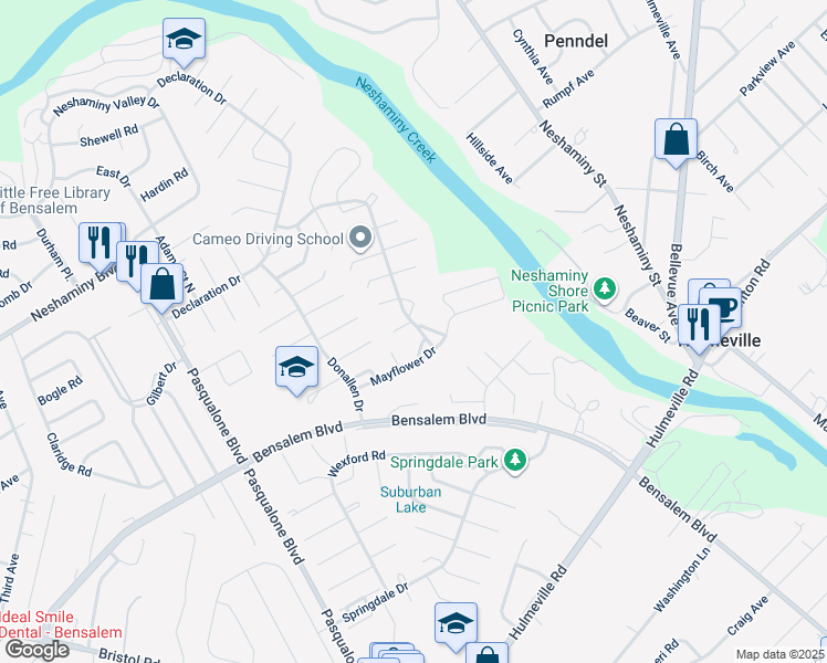 map of restaurants, bars, coffee shops, grocery stores, and more near 6400 Trenton Court in Bensalem