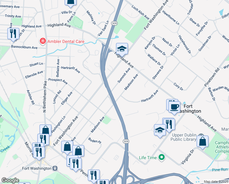 map of restaurants, bars, coffee shops, grocery stores, and more near 505 Summit Avenue in Fort Washington