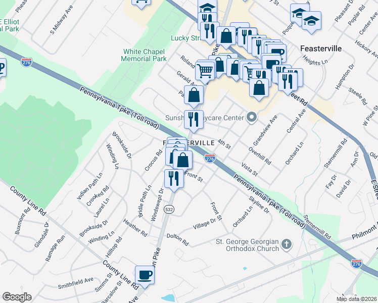 map of restaurants, bars, coffee shops, grocery stores, and more near 18 2nd Street in Feasterville-Trevose