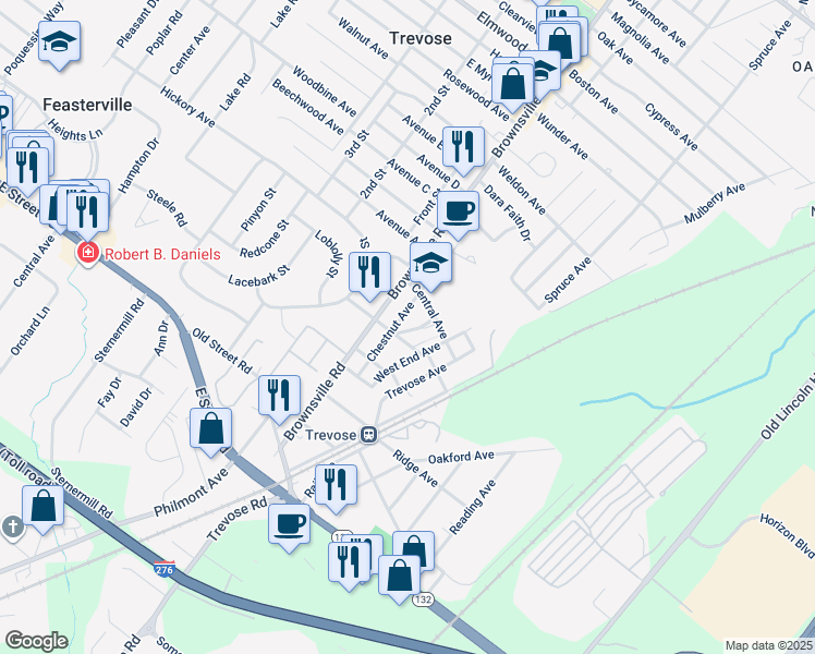 map of restaurants, bars, coffee shops, grocery stores, and more near 3422 Temple Avenue in Feasterville-Trevose