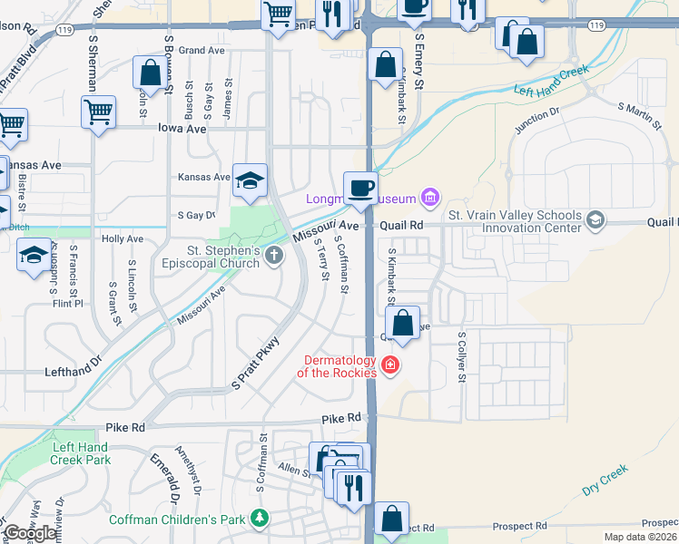 map of restaurants, bars, coffee shops, grocery stores, and more near 1303 South Coffman Street in Longmont