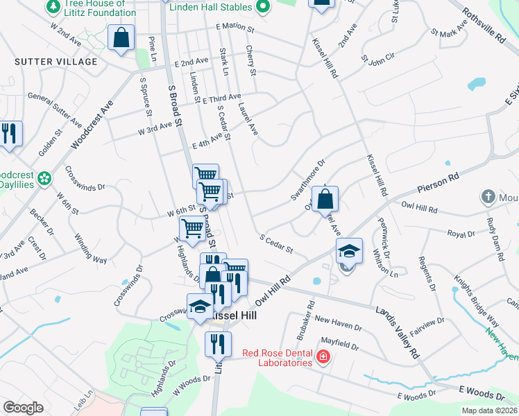 map of restaurants, bars, coffee shops, grocery stores, and more near 108 Swarthmore Drive in Lititz