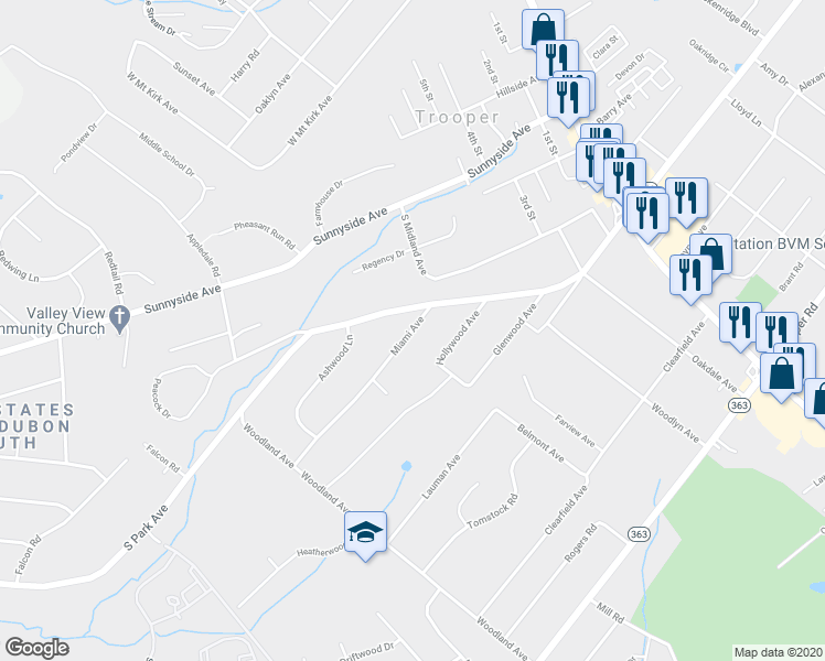 map of restaurants, bars, coffee shops, grocery stores, and more near 116 Miami Avenue in Trooper