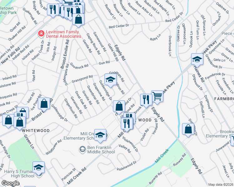 map of restaurants, bars, coffee shops, grocery stores, and more near 21 Gatewood Road in Levittown