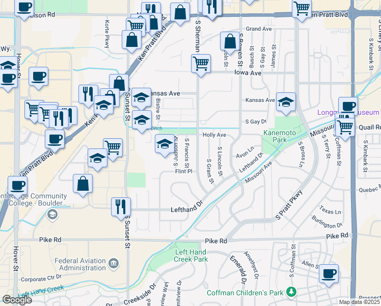 map of restaurants, bars, coffee shops, grocery stores, and more near 1340 South Sherman Street in Longmont