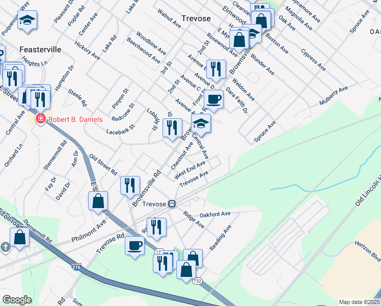 map of restaurants, bars, coffee shops, grocery stores, and more near 3422 Temple Avenue in Feasterville-Trevose