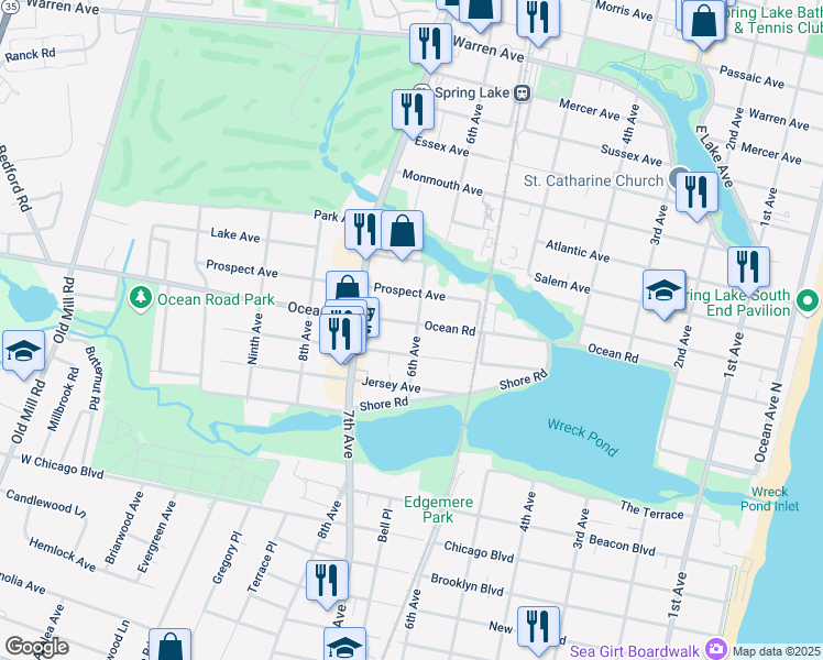 map of restaurants, bars, coffee shops, grocery stores, and more near 602 Central Avenue in Spring Lake