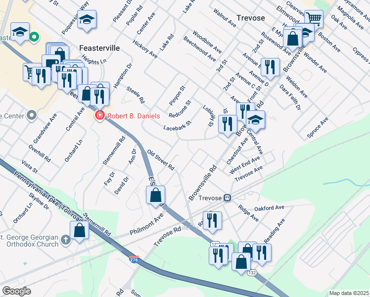 map of restaurants, bars, coffee shops, grocery stores, and more near 607 Cembra Court in Trevose