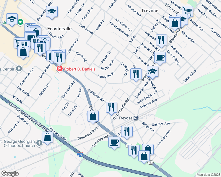 map of restaurants, bars, coffee shops, grocery stores, and more near 607 Cembra Court in Trevose