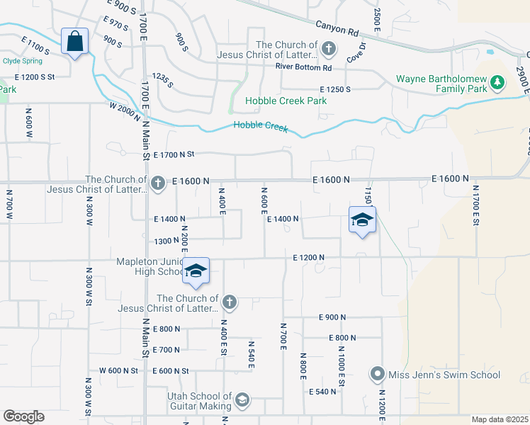 map of restaurants, bars, coffee shops, grocery stores, and more near 1393 North 600 East in Mapleton