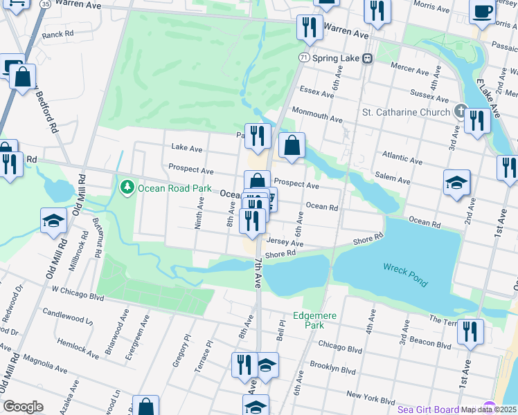 map of restaurants, bars, coffee shops, grocery stores, and more near 101 New Jersey 71 in Spring Lake