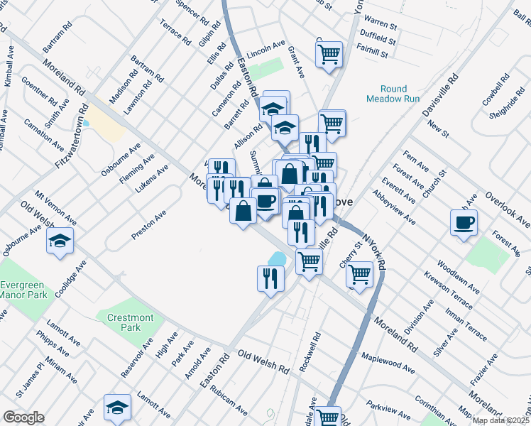 map of restaurants, bars, coffee shops, grocery stores, and more near 30 Park Avenue in Willow Grove