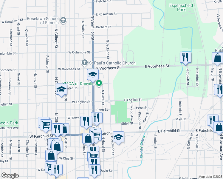 map of restaurants, bars, coffee shops, grocery stores, and more near 929 North Jackson Street in Danville