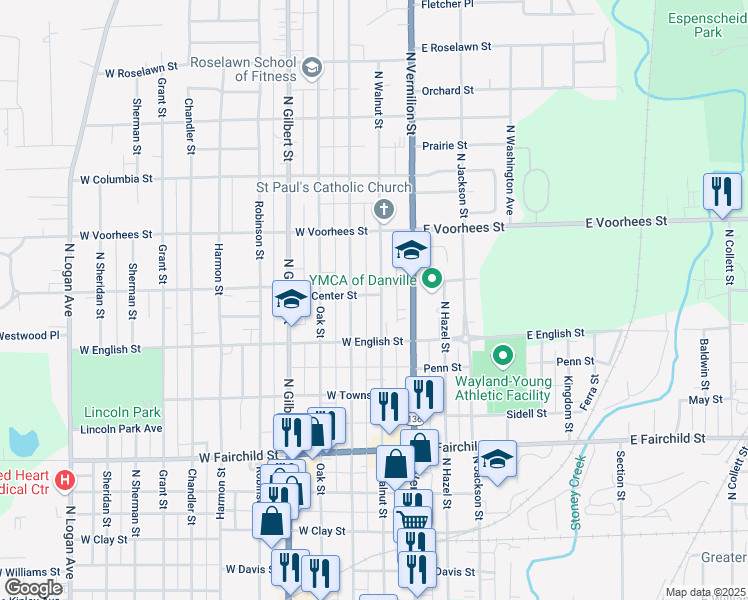map of restaurants, bars, coffee shops, grocery stores, and more near 1101-1131 North Walnut Street in Danville