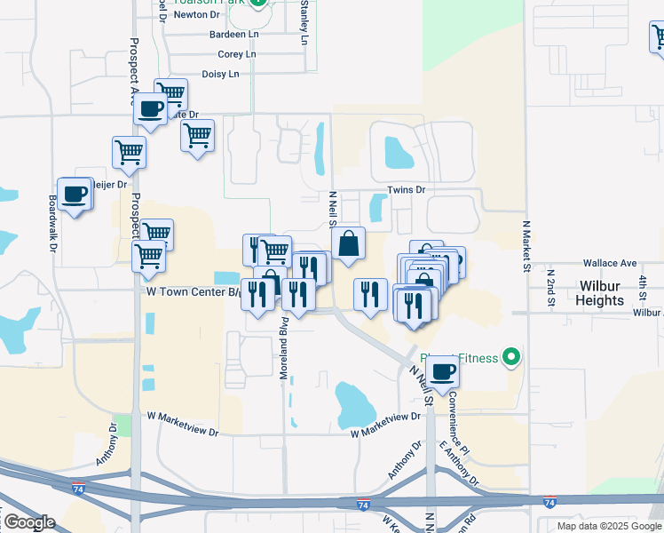 map of restaurants, bars, coffee shops, grocery stores, and more near 2102 N Neil St in Champaign