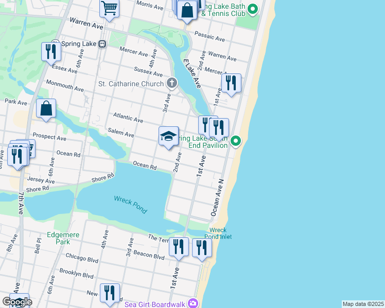 map of restaurants, bars, coffee shops, grocery stores, and more near 106 Pennsylvania Avenue in Spring Lake