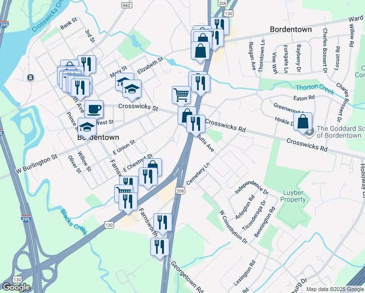 map of restaurants, bars, coffee shops, grocery stores, and more near 228 U.S. 130 in Bordentown