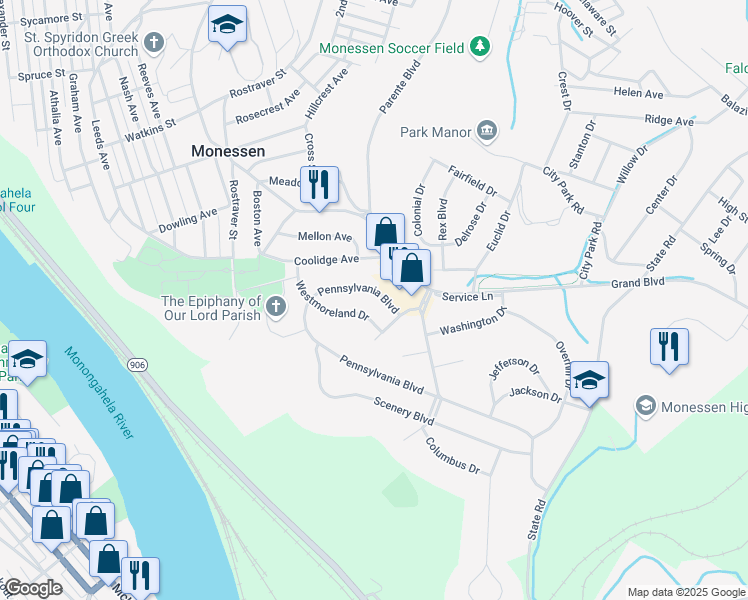 map of restaurants, bars, coffee shops, grocery stores, and more near 11 Pennsylvania Boulevard in Monessen