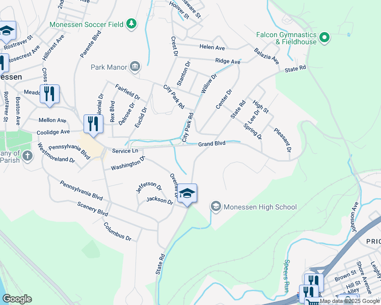 map of restaurants, bars, coffee shops, grocery stores, and more near 1184 State Road in Monessen