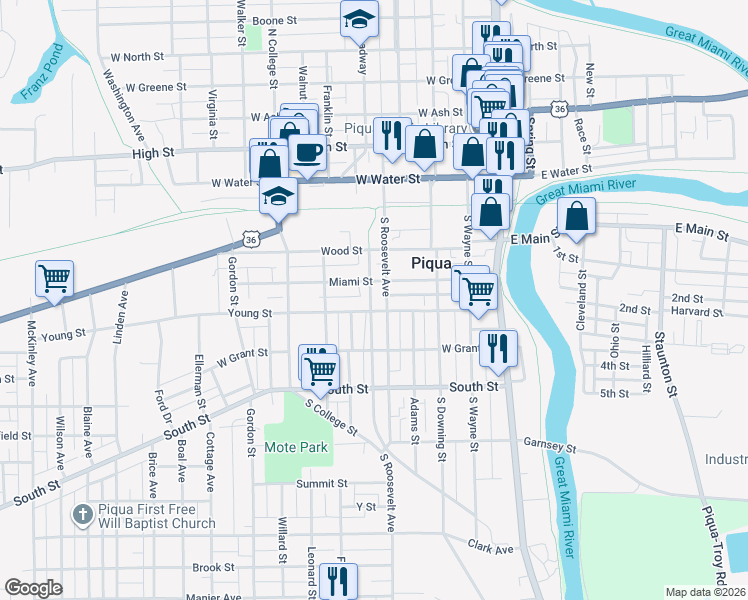 map of restaurants, bars, coffee shops, grocery stores, and more near 415 South Roosevelt Avenue in Piqua