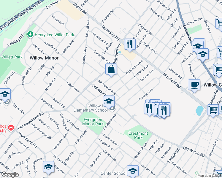 map of restaurants, bars, coffee shops, grocery stores, and more near 2719 Mount Vernon Avenue in Willow Grove