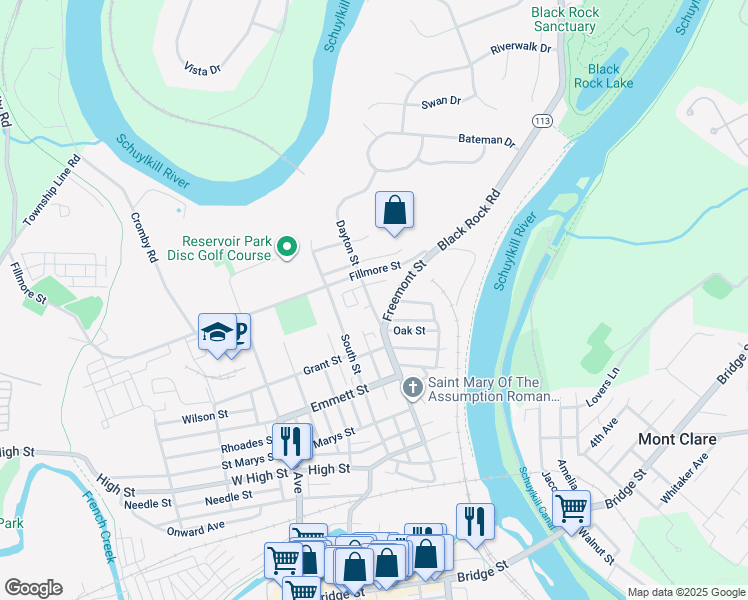 map of restaurants, bars, coffee shops, grocery stores, and more near 437 Dayton Street in Phoenixville