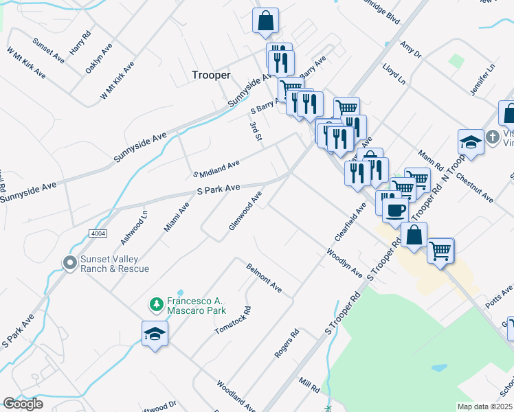 map of restaurants, bars, coffee shops, grocery stores, and more near 17 Glenwood Avenue in Eagleville