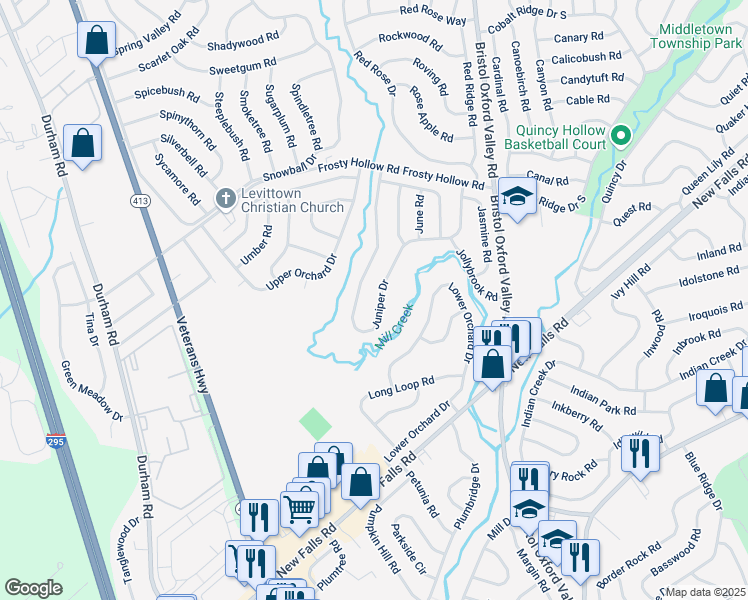 map of restaurants, bars, coffee shops, grocery stores, and more near 107 Juniper Drive in Levittown