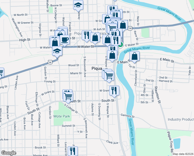 map of restaurants, bars, coffee shops, grocery stores, and more near 323 Young Street in Piqua