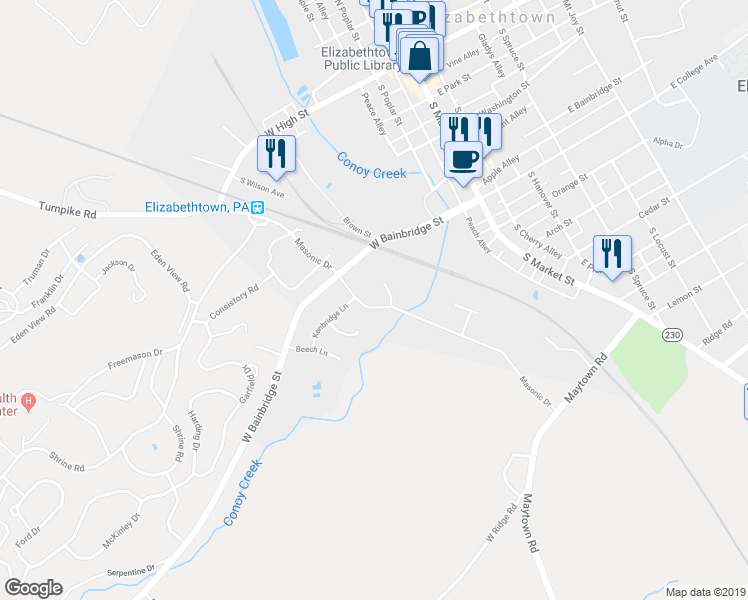 map of restaurants, bars, coffee shops, grocery stores, and more near 223 Masonic Drive in Elizabethtown